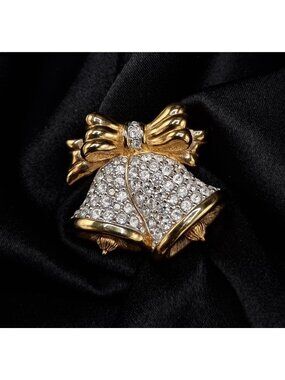 Vintage Early 2000s SWAROVSKI Signed Crystal Gold-Tone Bow & Bell Brooch